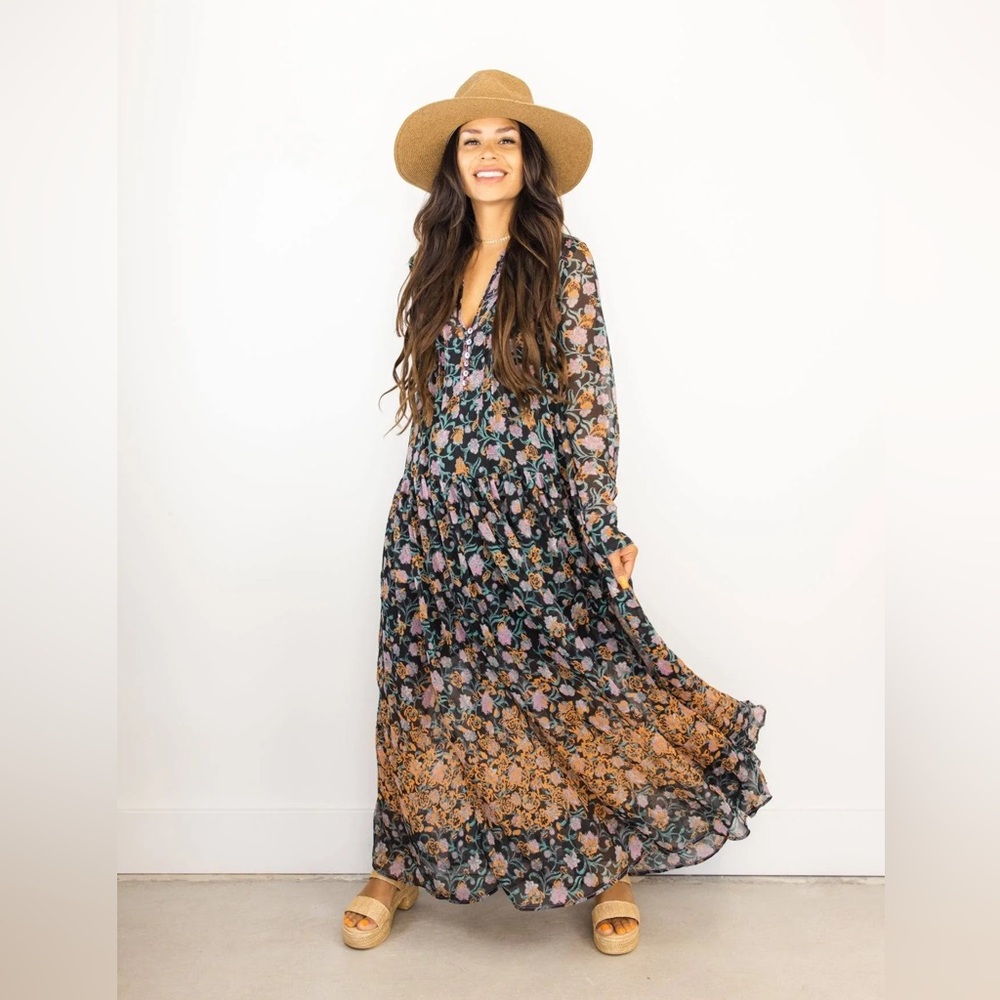 NWT Free People See It Through Floral Chiffon Maxi Dress Long Sleeve Sz XS - Picture 10 of 12